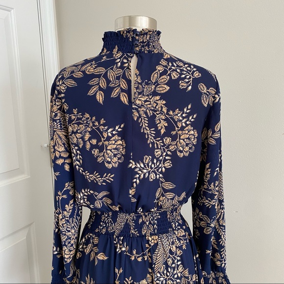 Nanette Lepore Smocked High Neck Dress Floral Navy - Picture 4 of 7